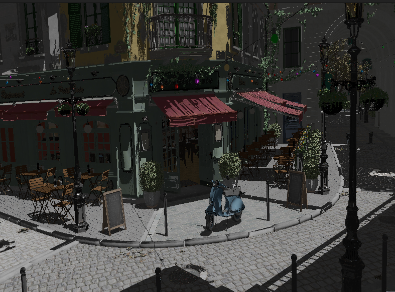 The Bistro scene - a detailed outdoor café environment demonstrating the engine’s rendering capabilities