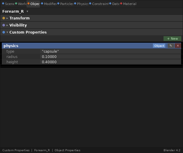 Blender Custom Properties panel showing a physics capsule property on a forearm bone