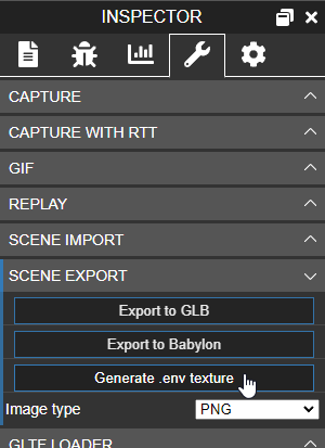 screenshot of Generate .env Texture button in Bablyon.js