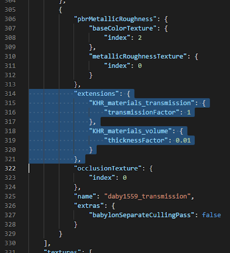 screenshot of code snippet with extensions addition highlighted